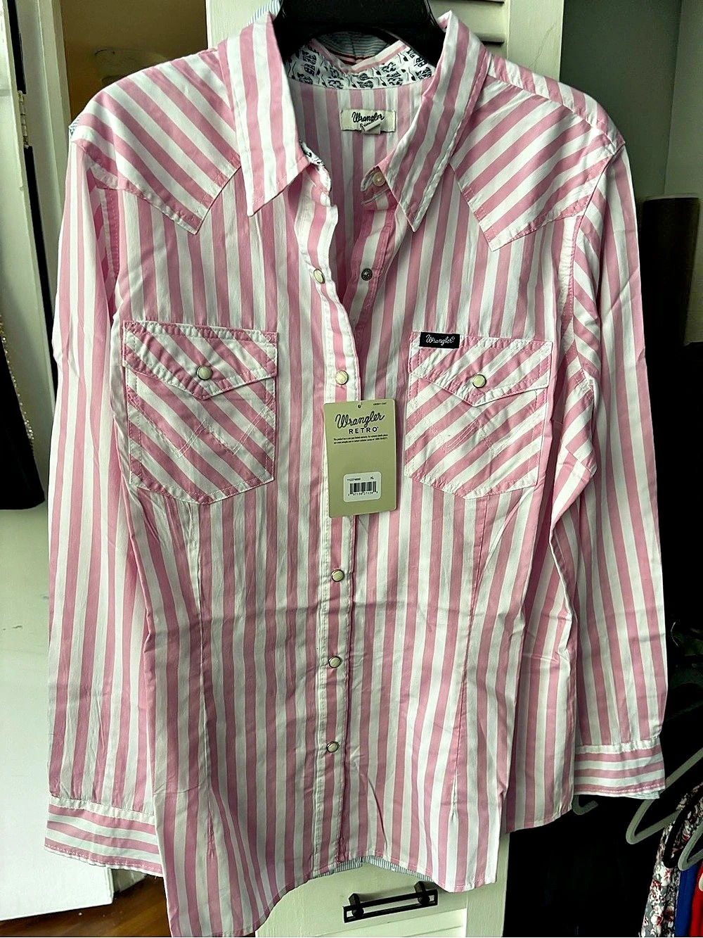 Wrangler Retro Striped Snap-Front Shirt in Pink & White XL NWT